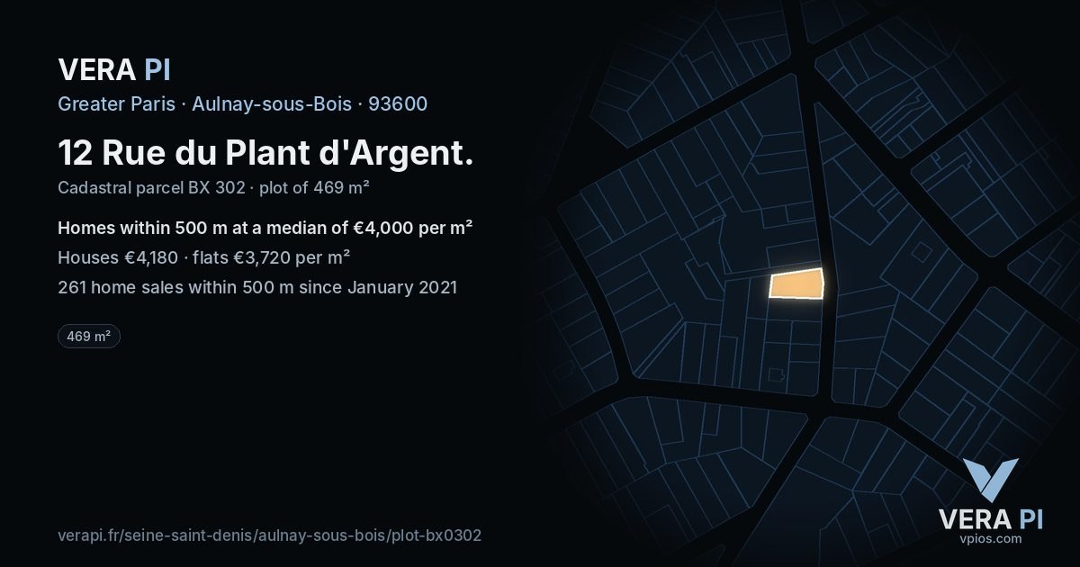 12 Rue du Plant d'Argent, Aulnay-sous-Bois at night – the plot lit, the parcels around coloured by the prices near them