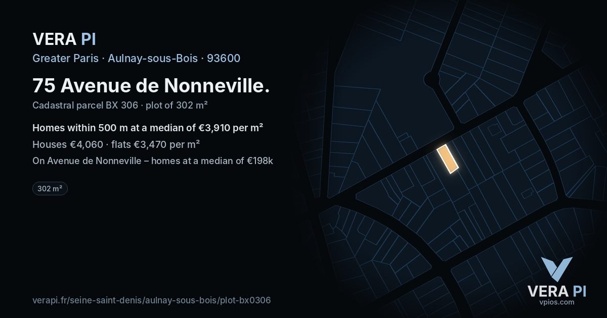 75 Avenue de Nonneville, Aulnay-sous-Bois at night – the plot lit, the parcels around coloured by the prices near them