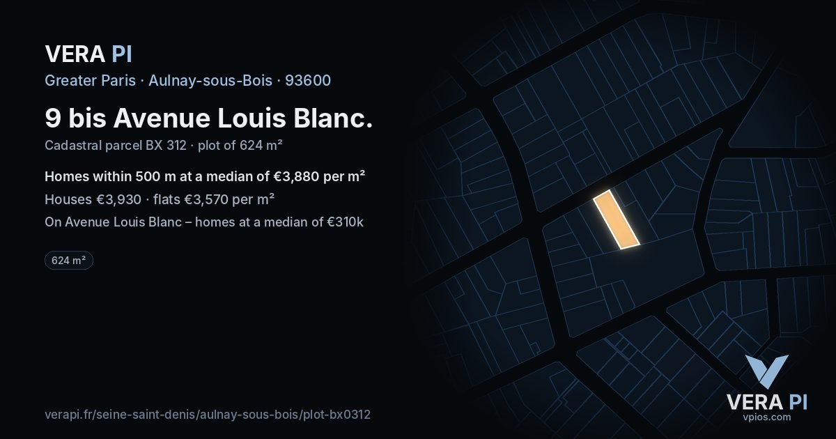 9 bis Avenue Louis Blanc, Aulnay-sous-Bois at night – the plot lit, the parcels around coloured by the prices near them