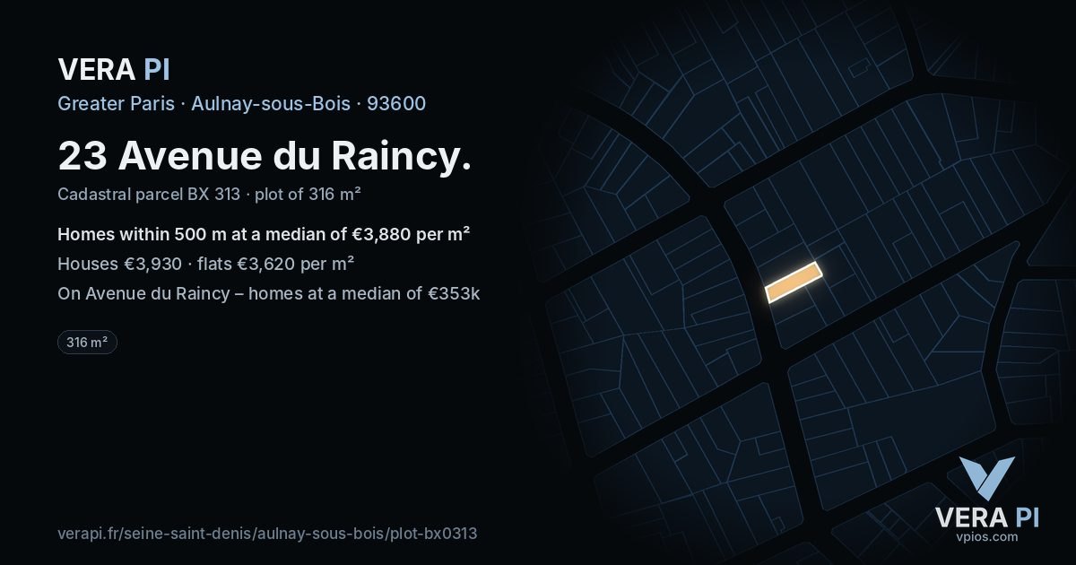 23 Avenue du Raincy, Aulnay-sous-Bois at night – the plot lit, the parcels around coloured by the prices near them