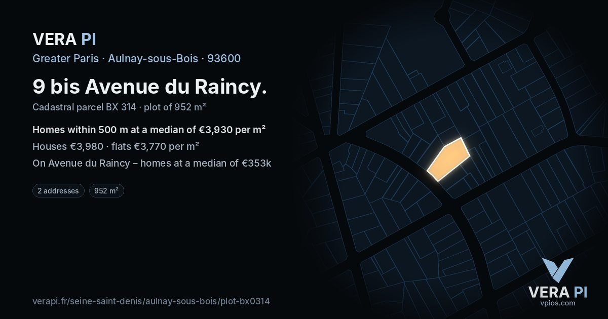 9 bis Avenue du Raincy, Aulnay-sous-Bois at night – the plot lit, the parcels around coloured by the prices near them
