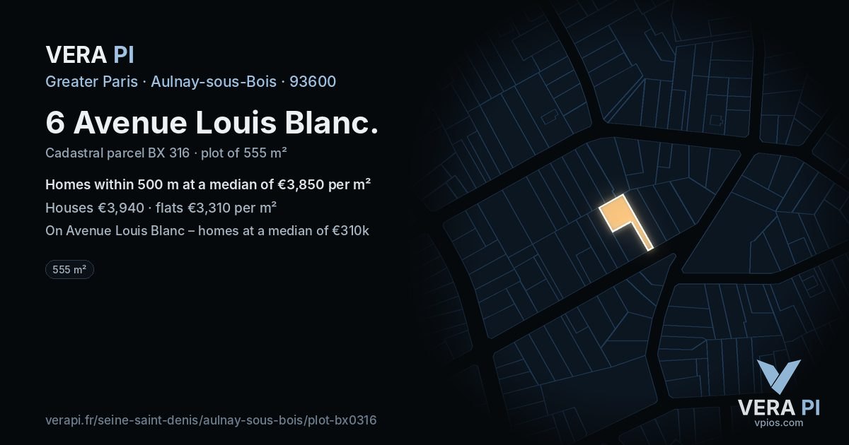 6 Avenue Louis Blanc, Aulnay-sous-Bois at night – the plot lit, the parcels around coloured by the prices near them