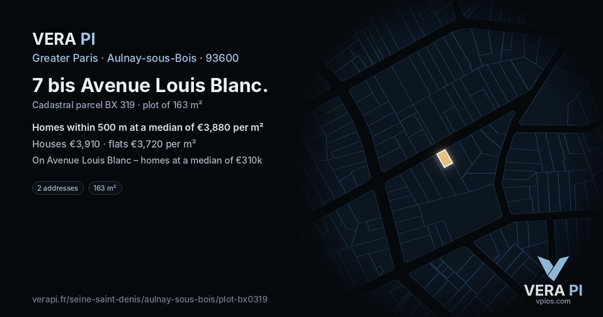 7 bis Avenue Louis Blanc, Aulnay-sous-Bois at night – the plot lit, the parcels around coloured by the prices near them