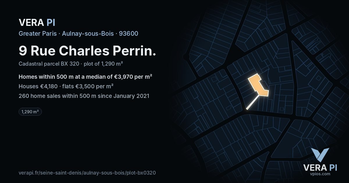 9 Rue Charles Perrin, Aulnay-sous-Bois at night – the plot lit, the parcels around coloured by the prices near them