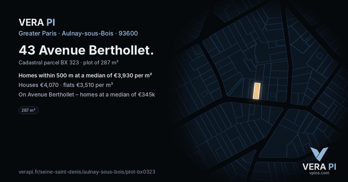 43 Avenue Berthollet, Aulnay-sous-Bois at night – the plot lit, the parcels around coloured by the prices near them