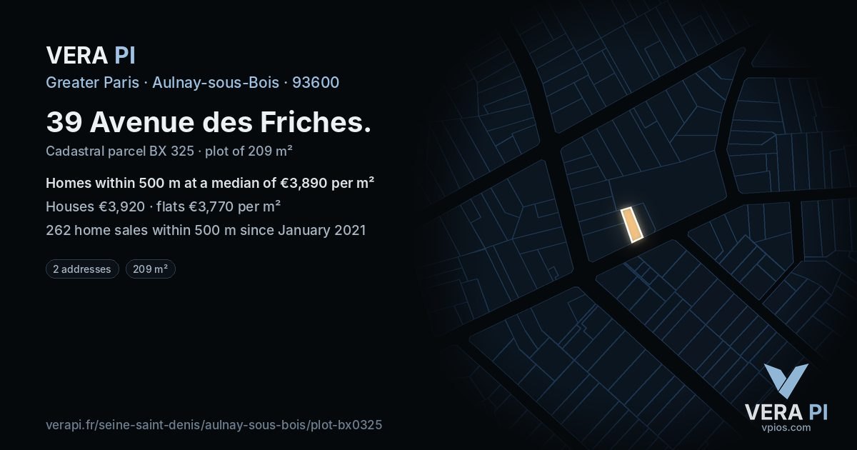 39 Avenue des Friches, Aulnay-sous-Bois at night – the plot lit, the parcels around coloured by the prices near them