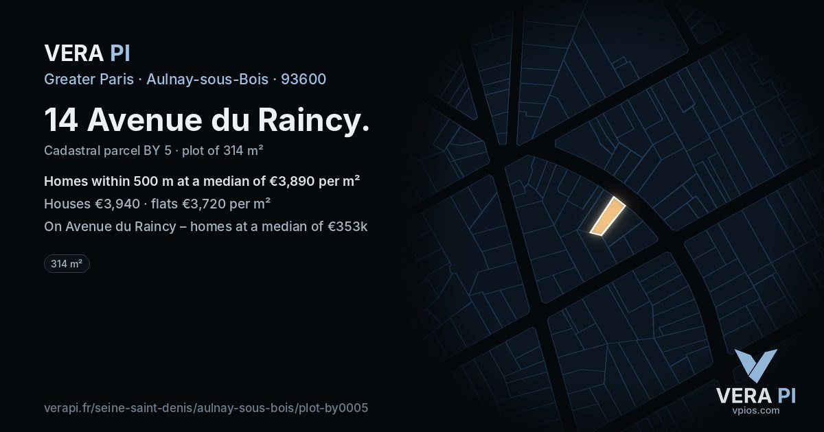14 Avenue du Raincy, Aulnay-sous-Bois at night – the plot lit, the parcels around coloured by the prices near them