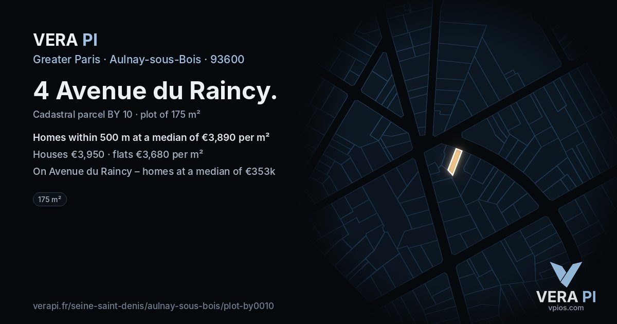 4 Avenue du Raincy, Aulnay-sous-Bois at night – the plot lit, the parcels around coloured by the prices near them