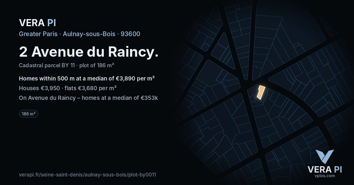 2 Avenue du Raincy, Aulnay-sous-Bois at night – the plot lit, the parcels around coloured by the prices near them