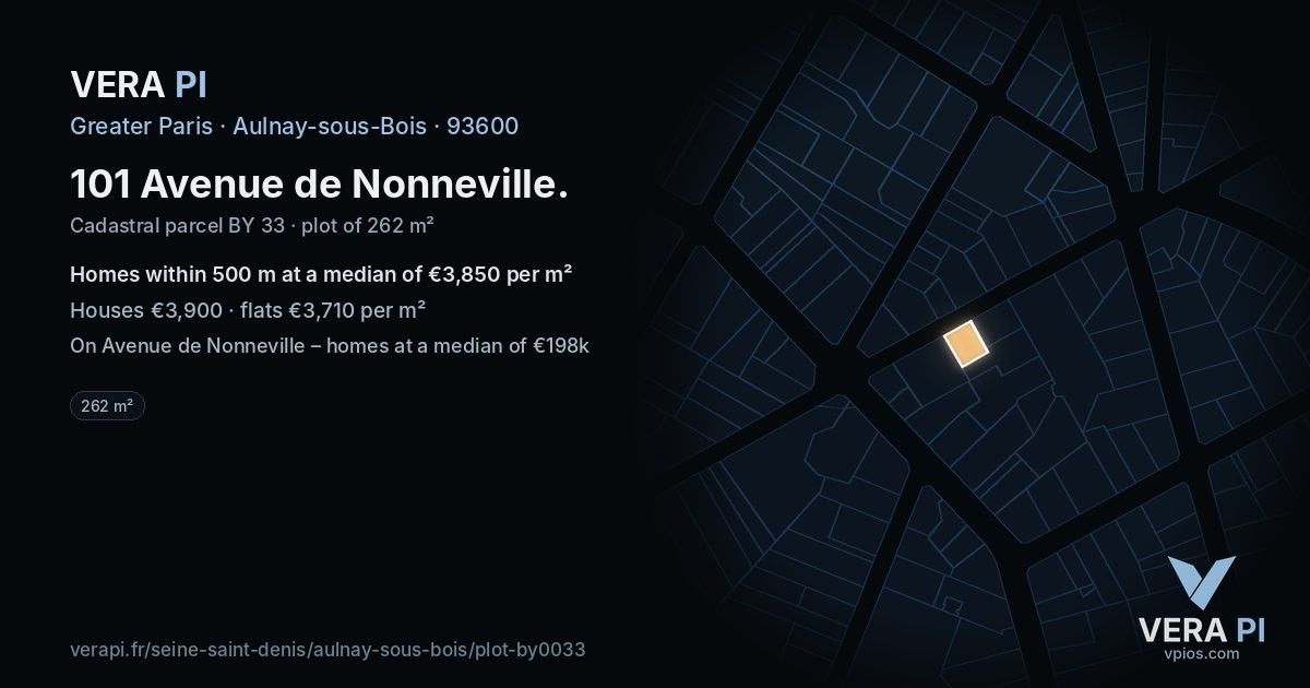 101 Avenue de Nonneville, Aulnay-sous-Bois at night – the plot lit, the parcels around coloured by the prices near them