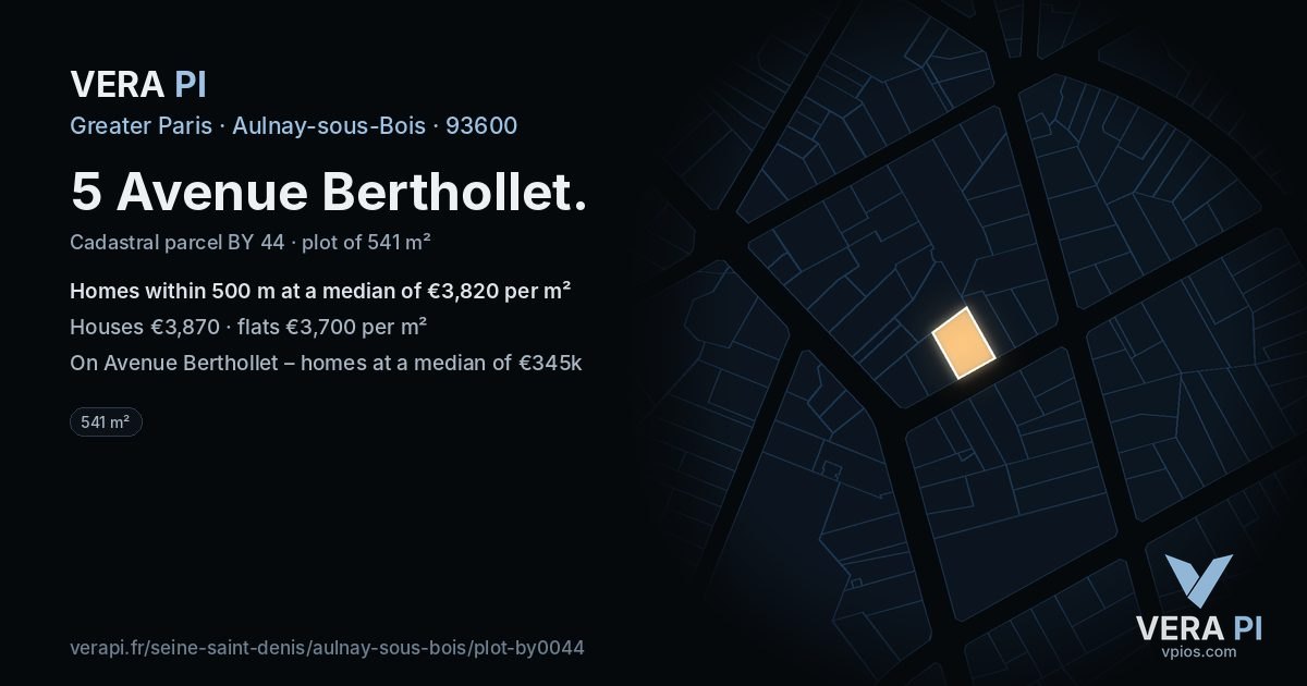 5 Avenue Berthollet, Aulnay-sous-Bois at night – the plot lit, the parcels around coloured by the prices near them