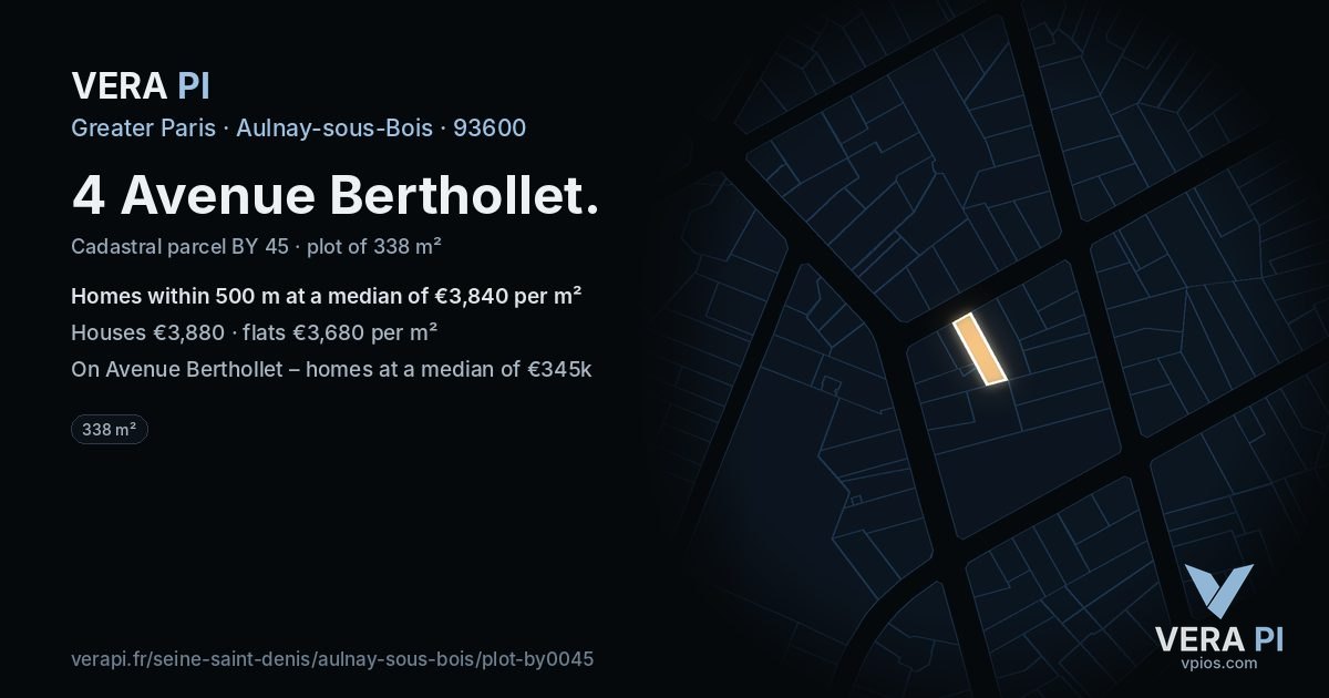 4 Avenue Berthollet, Aulnay-sous-Bois at night – the plot lit, the parcels around coloured by the prices near them