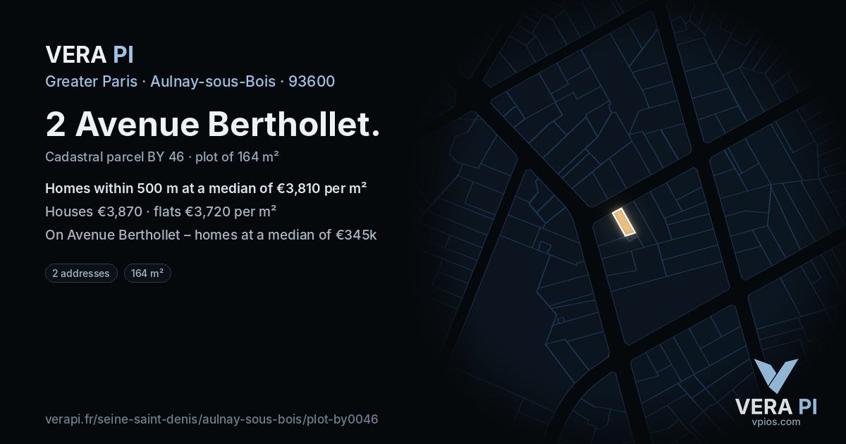 2 Avenue Berthollet, Aulnay-sous-Bois at night – the plot lit, the parcels around coloured by the prices near them