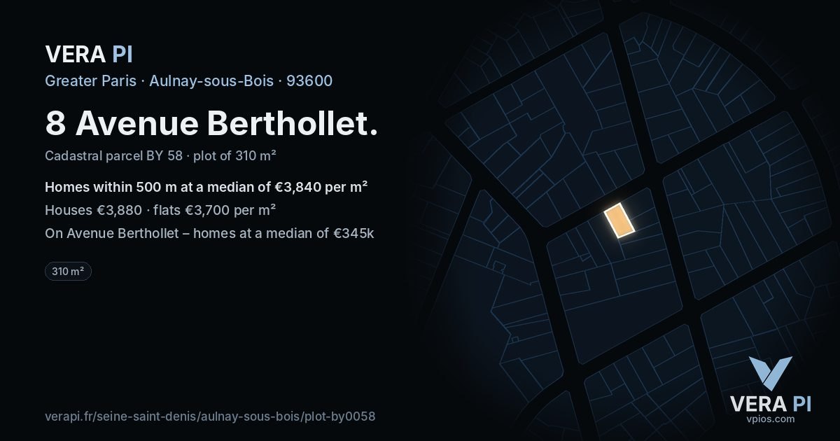 8 Avenue Berthollet, Aulnay-sous-Bois at night – the plot lit, the parcels around coloured by the prices near them