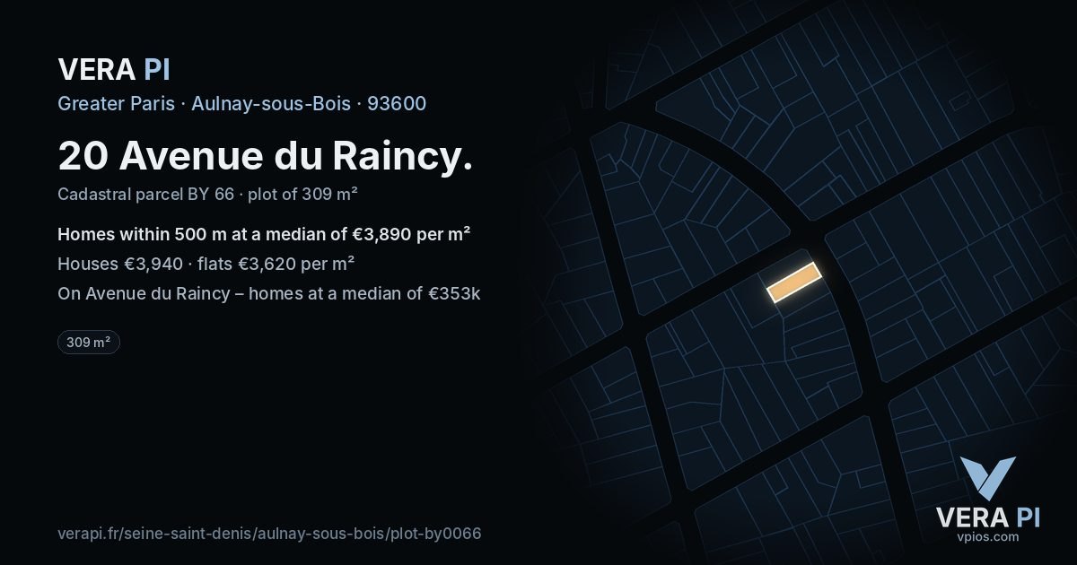 20 Avenue du Raincy, Aulnay-sous-Bois at night – the plot lit, the parcels around coloured by the prices near them