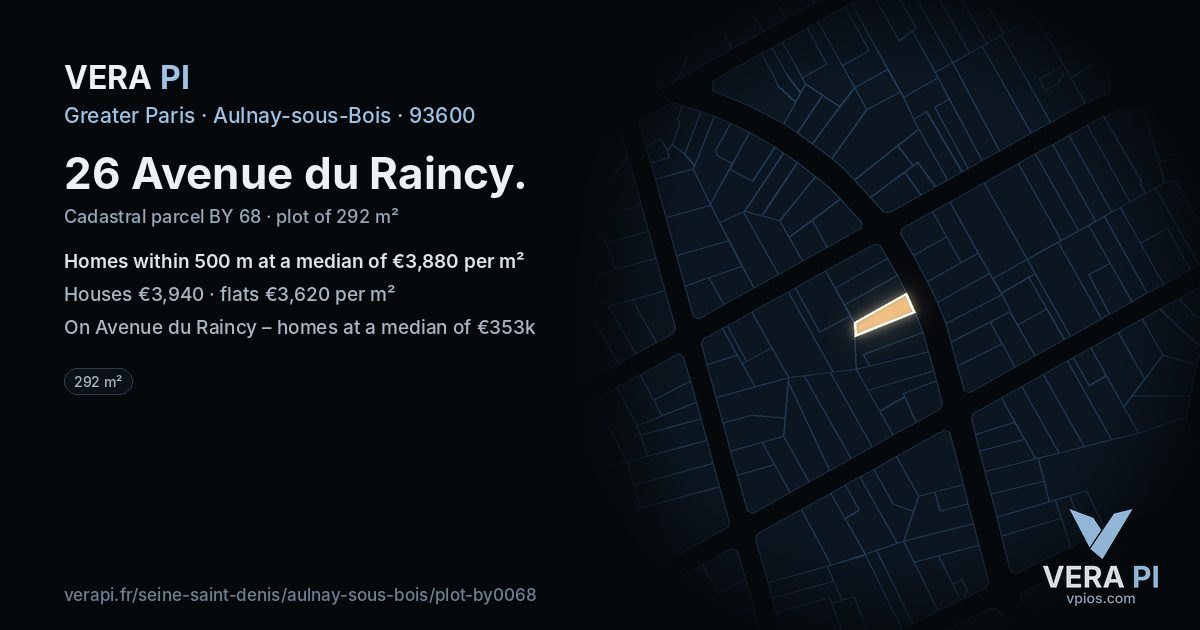 26 Avenue du Raincy, Aulnay-sous-Bois at night – the plot lit, the parcels around coloured by the prices near them