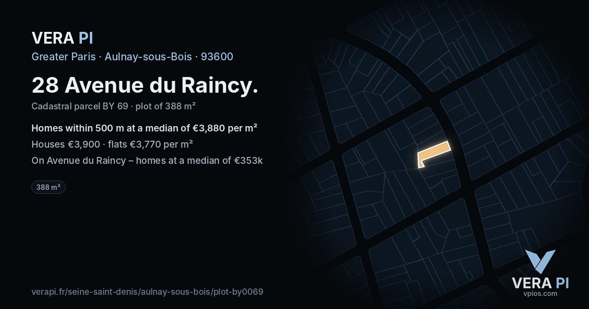 28 Avenue du Raincy, Aulnay-sous-Bois at night – the plot lit, the parcels around coloured by the prices near them