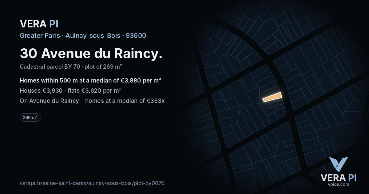30 Avenue du Raincy, Aulnay-sous-Bois at night – the plot lit, the parcels around coloured by the prices near them