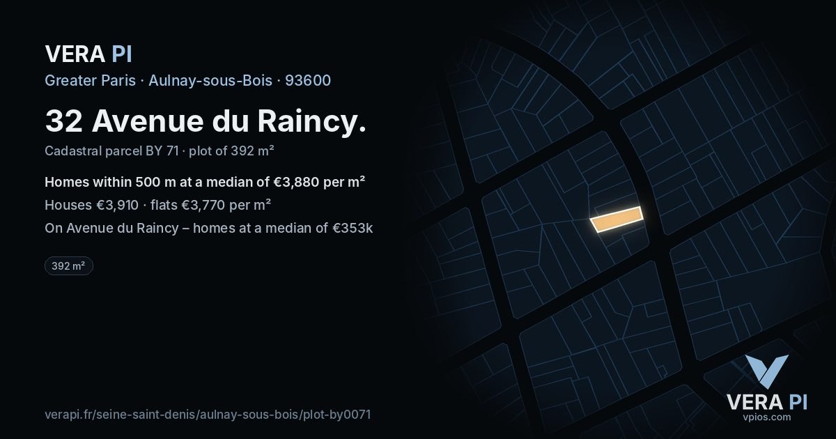 32 Avenue du Raincy, Aulnay-sous-Bois at night – the plot lit, the parcels around coloured by the prices near them
