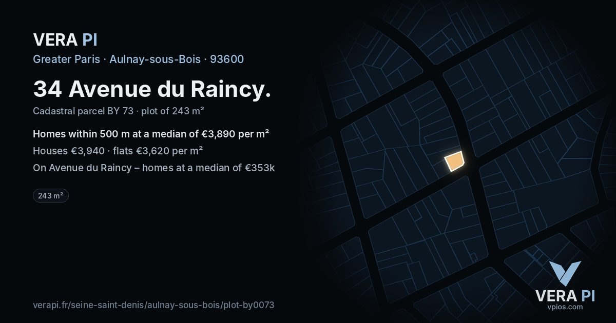 34 Avenue du Raincy, Aulnay-sous-Bois at night – the plot lit, the parcels around coloured by the prices near them