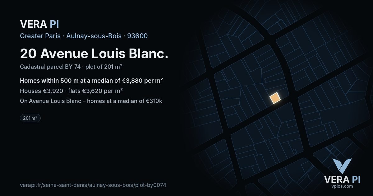 20 Avenue Louis Blanc, Aulnay-sous-Bois at night – the plot lit, the parcels around coloured by the prices near them