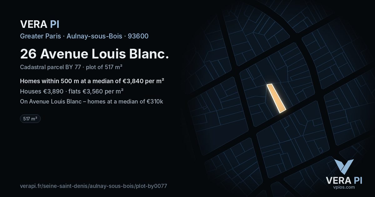 26 Avenue Louis Blanc, Aulnay-sous-Bois at night – the plot lit, the parcels around coloured by the prices near them