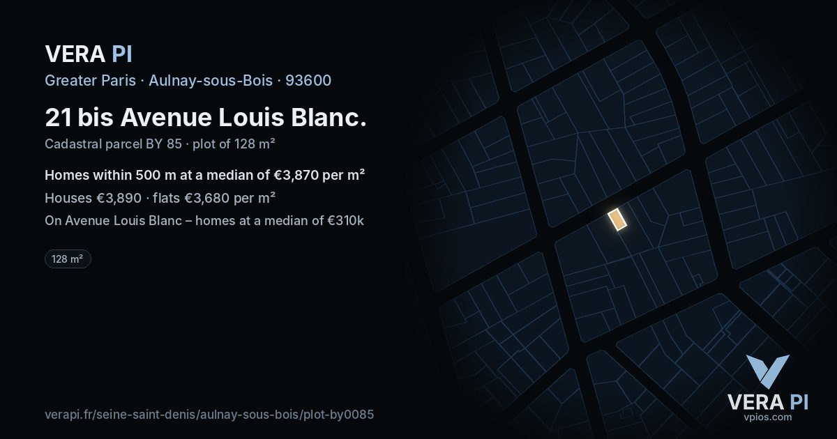 21 bis Avenue Louis Blanc, Aulnay-sous-Bois at night – the plot lit, the parcels around coloured by the prices near them
