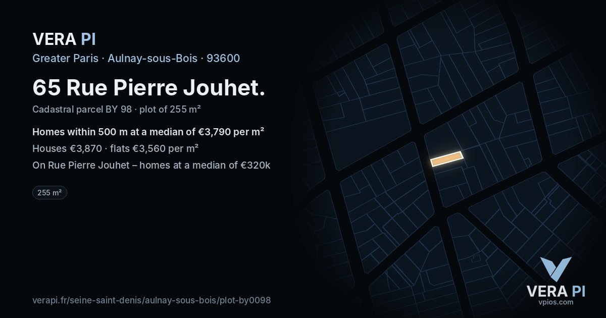 65 Rue Pierre Jouhet, Aulnay-sous-Bois at night – the plot lit, the parcels around coloured by the prices near them