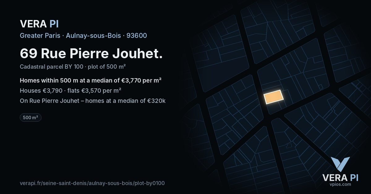69 Rue Pierre Jouhet, Aulnay-sous-Bois at night – the plot lit, the parcels around coloured by the prices near them