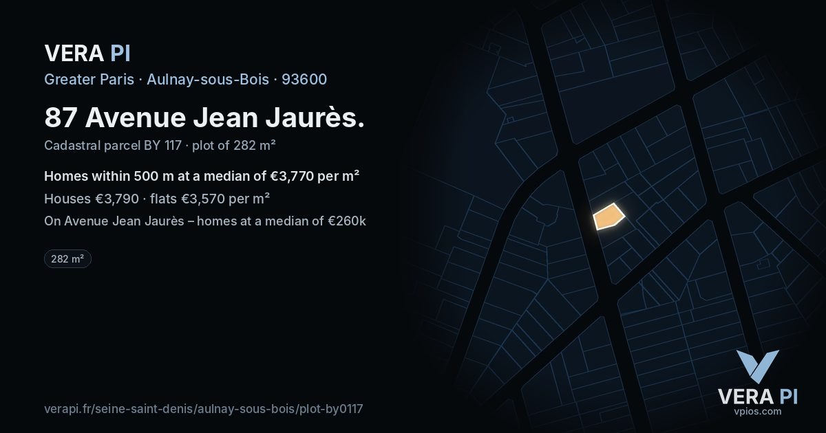87 Avenue Jean Jaurès, Aulnay-sous-Bois at night – the plot lit, the parcels around coloured by the prices near them
