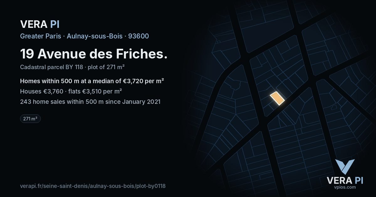 19 Avenue des Friches, Aulnay-sous-Bois at night – the plot lit, the parcels around coloured by the prices near them