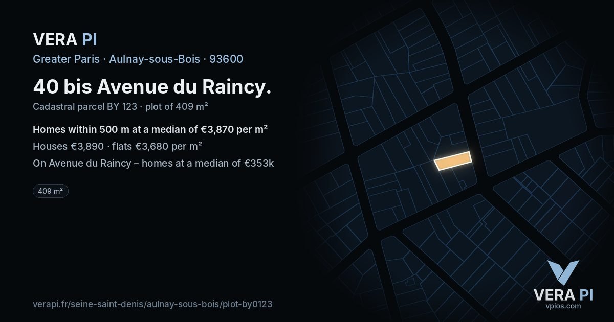 40 bis Avenue du Raincy, Aulnay-sous-Bois at night – the plot lit, the parcels around coloured by the prices near them