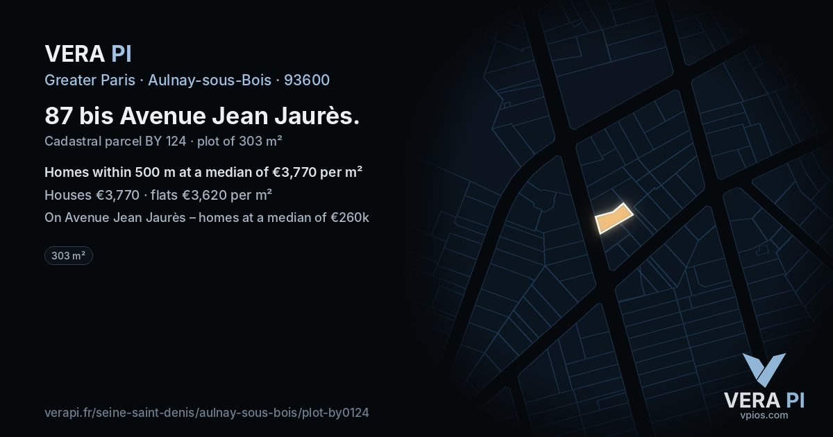 87 bis Avenue Jean Jaurès, Aulnay-sous-Bois at night – the plot lit, the parcels around coloured by the prices near them