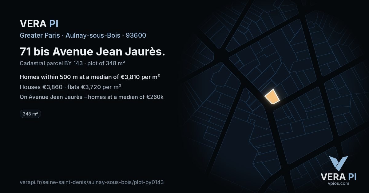 71 bis Avenue Jean Jaurès, Aulnay-sous-Bois at night – the plot lit, the parcels around coloured by the prices near them