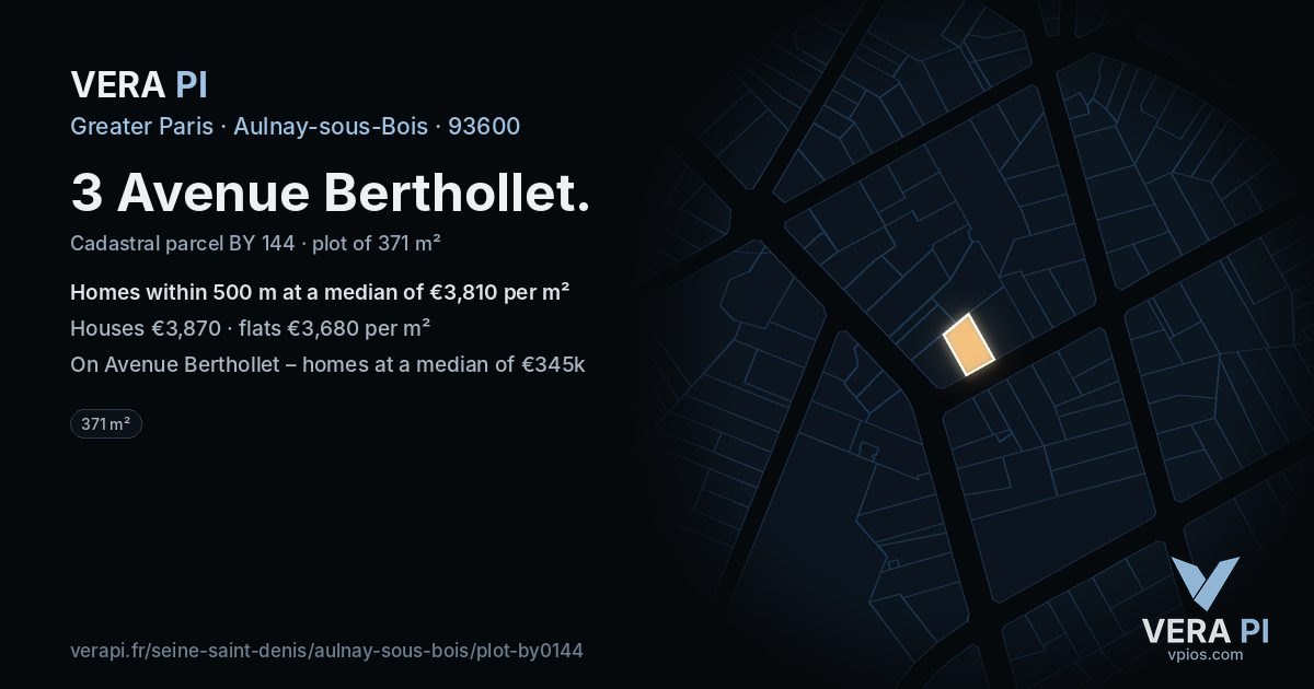3 Avenue Berthollet, Aulnay-sous-Bois at night – the plot lit, the parcels around coloured by the prices near them