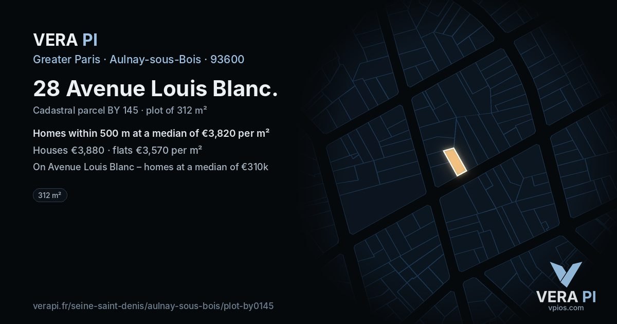 28 Avenue Louis Blanc, Aulnay-sous-Bois at night – the plot lit, the parcels around coloured by the prices near them