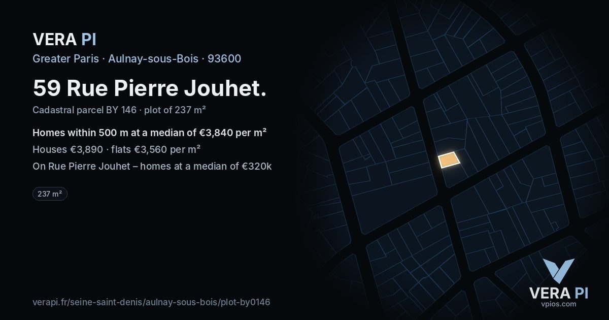 59 Rue Pierre Jouhet, Aulnay-sous-Bois at night – the plot lit, the parcels around coloured by the prices near them