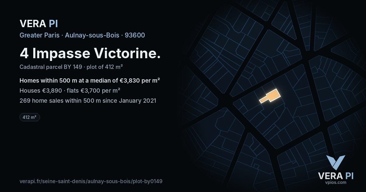 4 Impasse Victorine, Aulnay-sous-Bois at night – the plot lit, the parcels around coloured by the prices near them