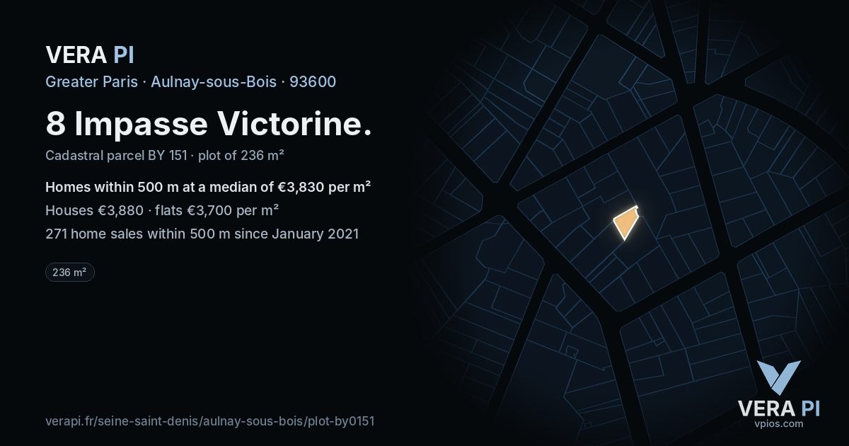8 Impasse Victorine, Aulnay-sous-Bois at night – the plot lit, the parcels around coloured by the prices near them