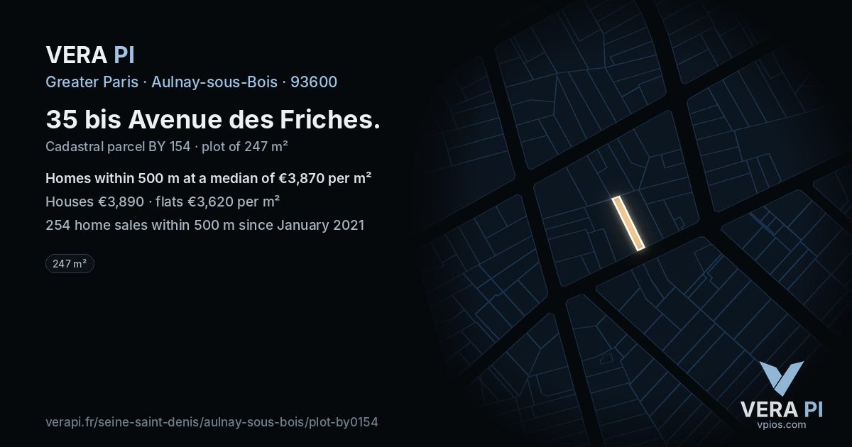 35 bis Avenue des Friches, Aulnay-sous-Bois at night – the plot lit, the parcels around coloured by the prices near them
