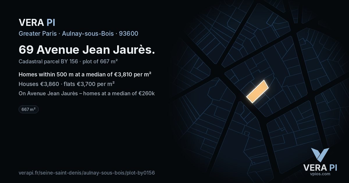 69 Avenue Jean Jaurès, Aulnay-sous-Bois at night – the plot lit, the parcels around coloured by the prices near them