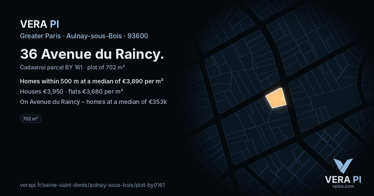 36 Avenue du Raincy, Aulnay-sous-Bois at night – the plot lit, the parcels around coloured by the prices near them