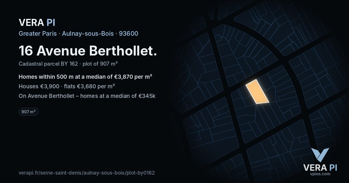 16 Avenue Berthollet, Aulnay-sous-Bois at night – the plot lit, the parcels around coloured by the prices near them