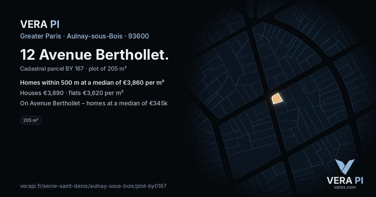 12 Avenue Berthollet, Aulnay-sous-Bois at night – the plot lit, the parcels around coloured by the prices near them