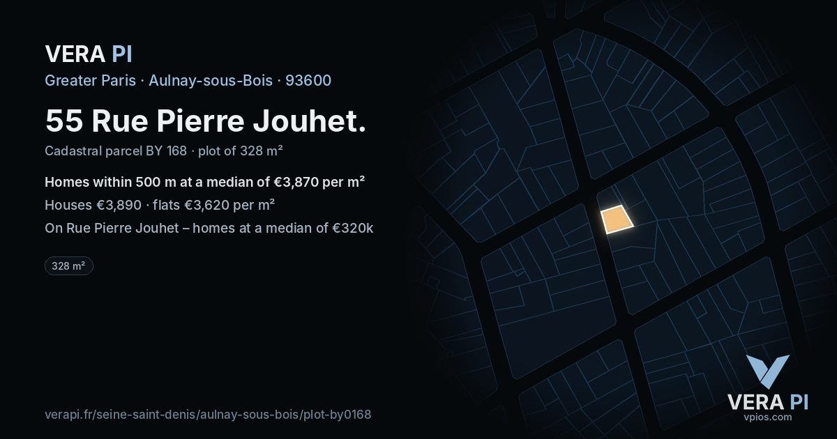 55 Rue Pierre Jouhet, Aulnay-sous-Bois at night – the plot lit, the parcels around coloured by the prices near them