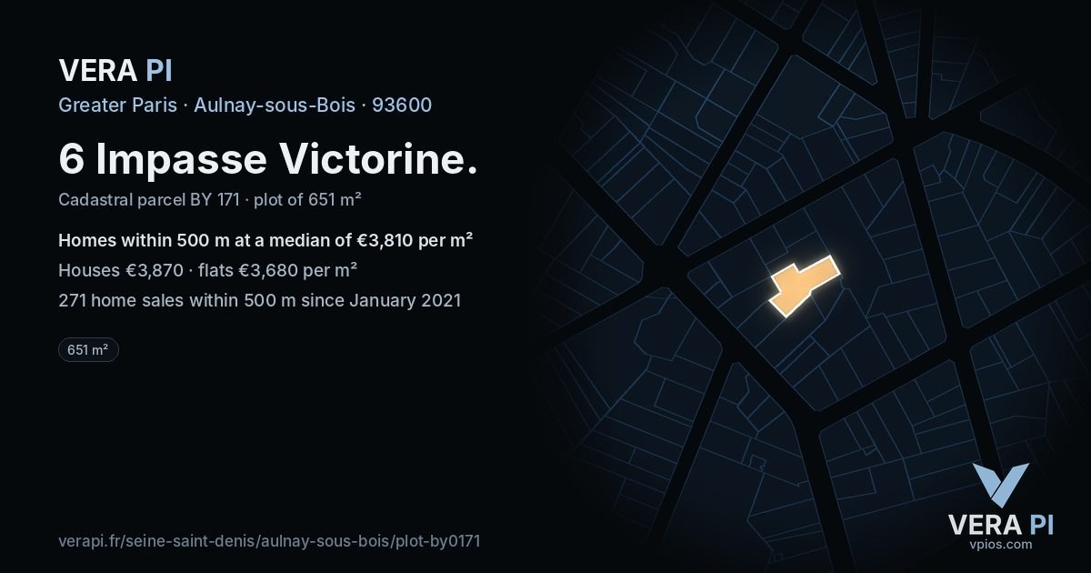 6 Impasse Victorine, Aulnay-sous-Bois at night – the plot lit, the parcels around coloured by the prices near them