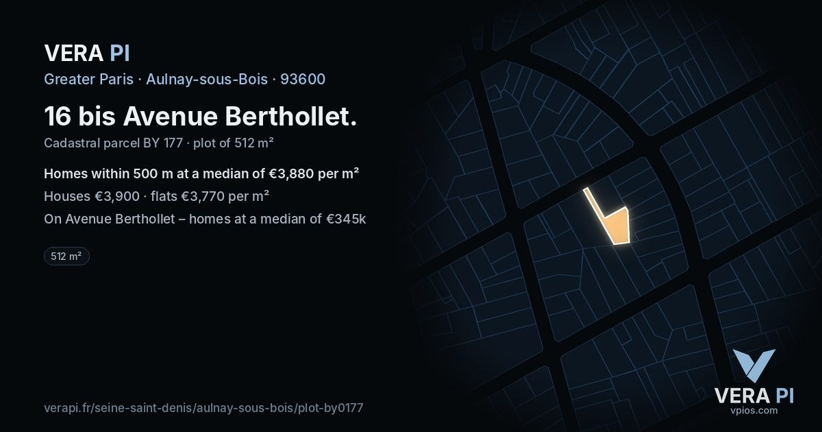 16 bis Avenue Berthollet, Aulnay-sous-Bois at night – the plot lit, the parcels around coloured by the prices near them