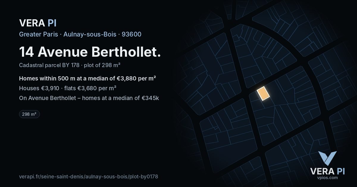 14 Avenue Berthollet, Aulnay-sous-Bois at night – the plot lit, the parcels around coloured by the prices near them