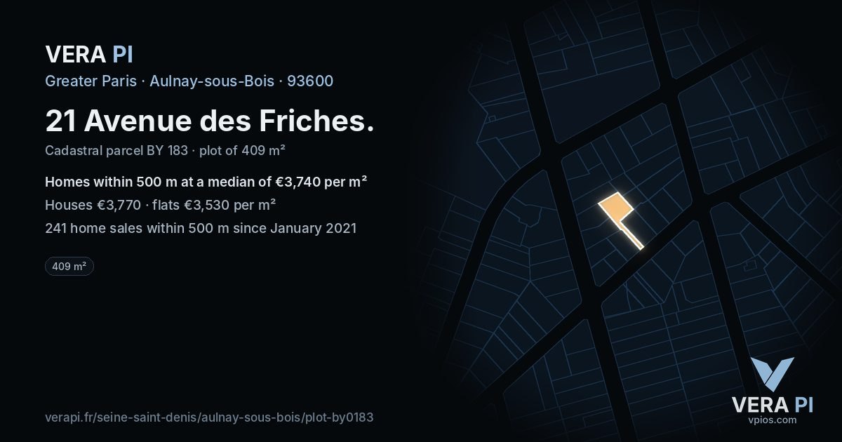 21 Avenue des Friches, Aulnay-sous-Bois at night – the plot lit, the parcels around coloured by the prices near them