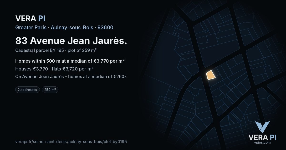 83 Avenue Jean Jaurès, Aulnay-sous-Bois at night – the plot lit, the parcels around coloured by the prices near them